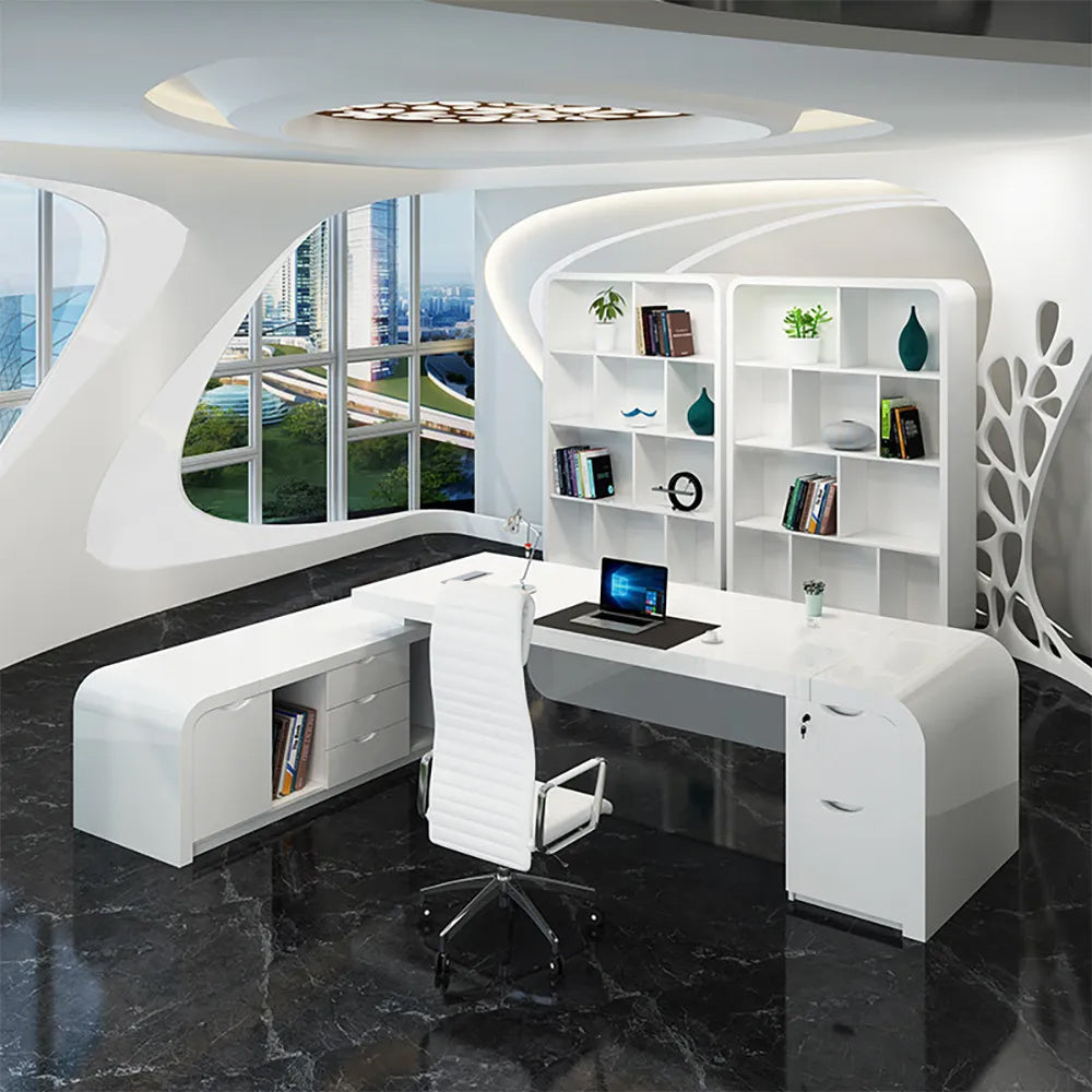 Chicent White L-shaped Modern Computer Desk with Cabinet & Ample Storage Left Hand Office Furniture (1800mm)