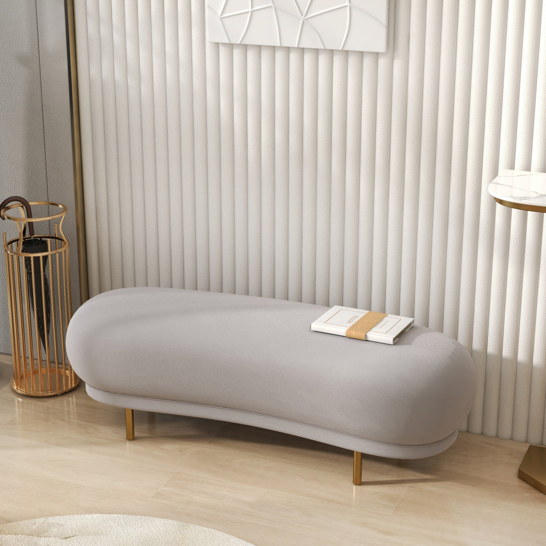 Modern Grey Velvet Bench Upholstered Curved Bench for End of Bed with Metal Legs