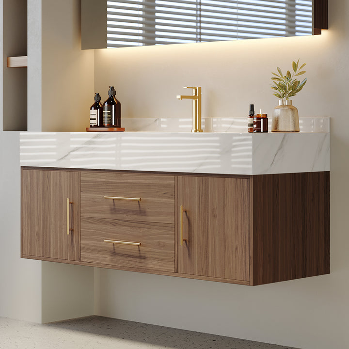 1000mm Floating Ceramic Sink & Stone Top in Walnut & Mixer Tap