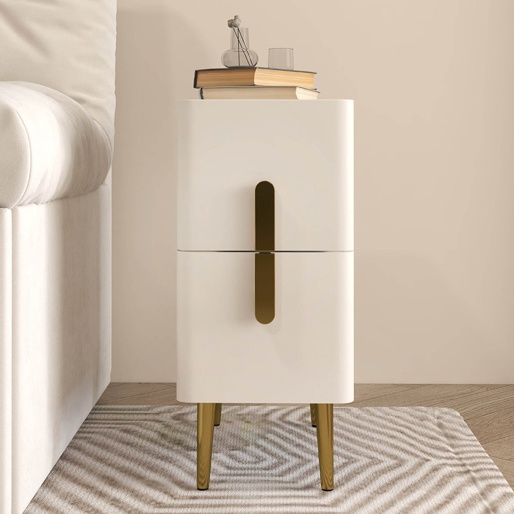 Inarrow Modern Beige Nightstand Bedside Table with 2 Drawers in Gold Legs