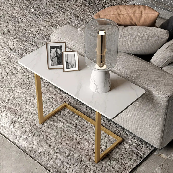 Homary White End Table with Sintered Stone Tabletop Modern Rectangular Side Table