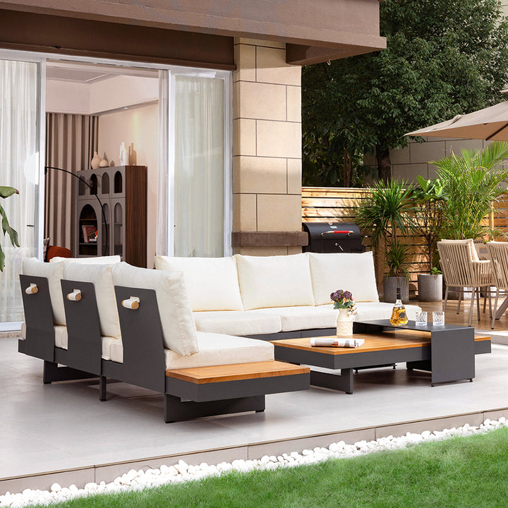 4 PCS L Shaped Outdoor Sectional Sofa Set Modern Yard & Patio Furniture for 6 Person in Beige Cushion & Pillow Included