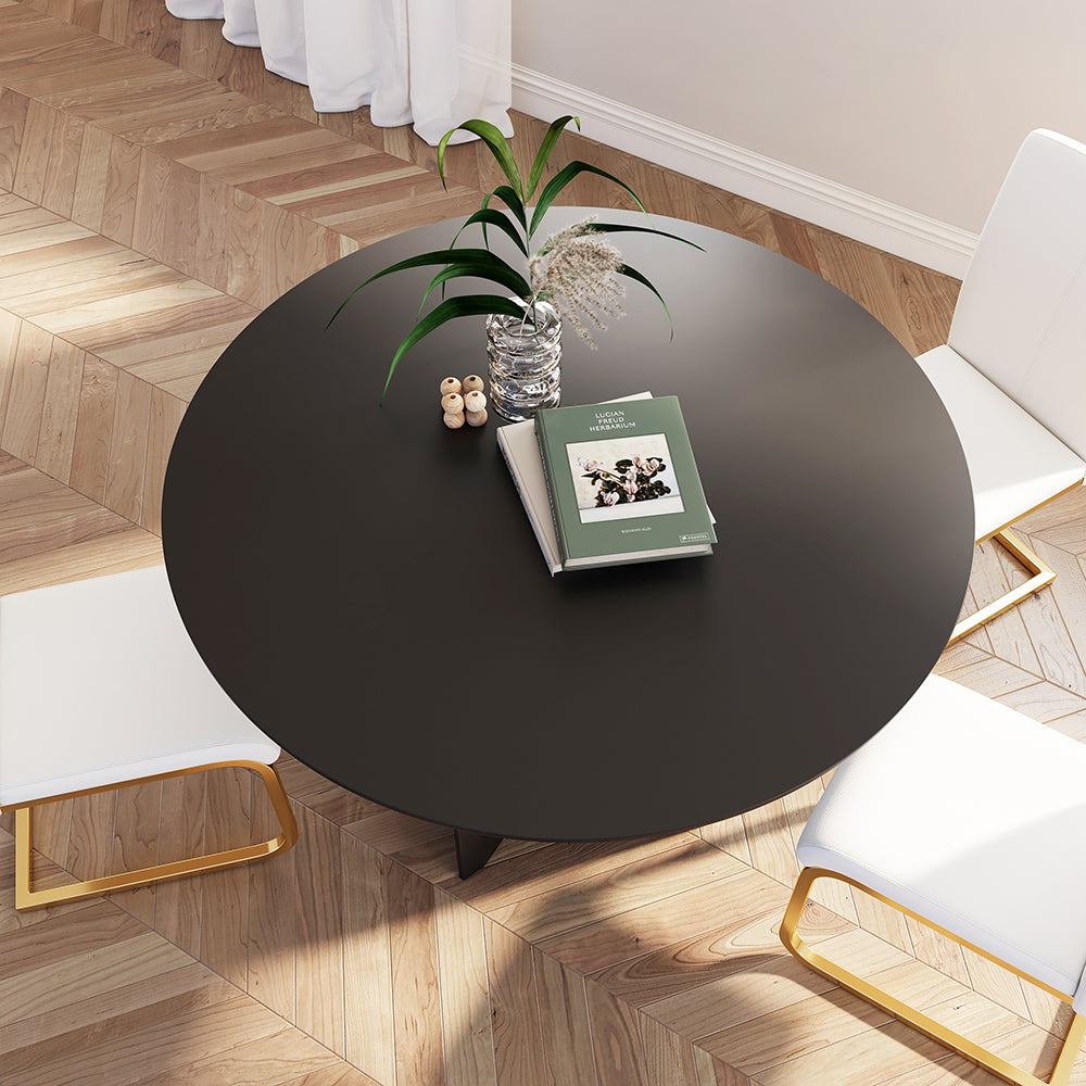 Round Dining Table Solid Wood Tabletop Pedestal Base for 4 Modern Black