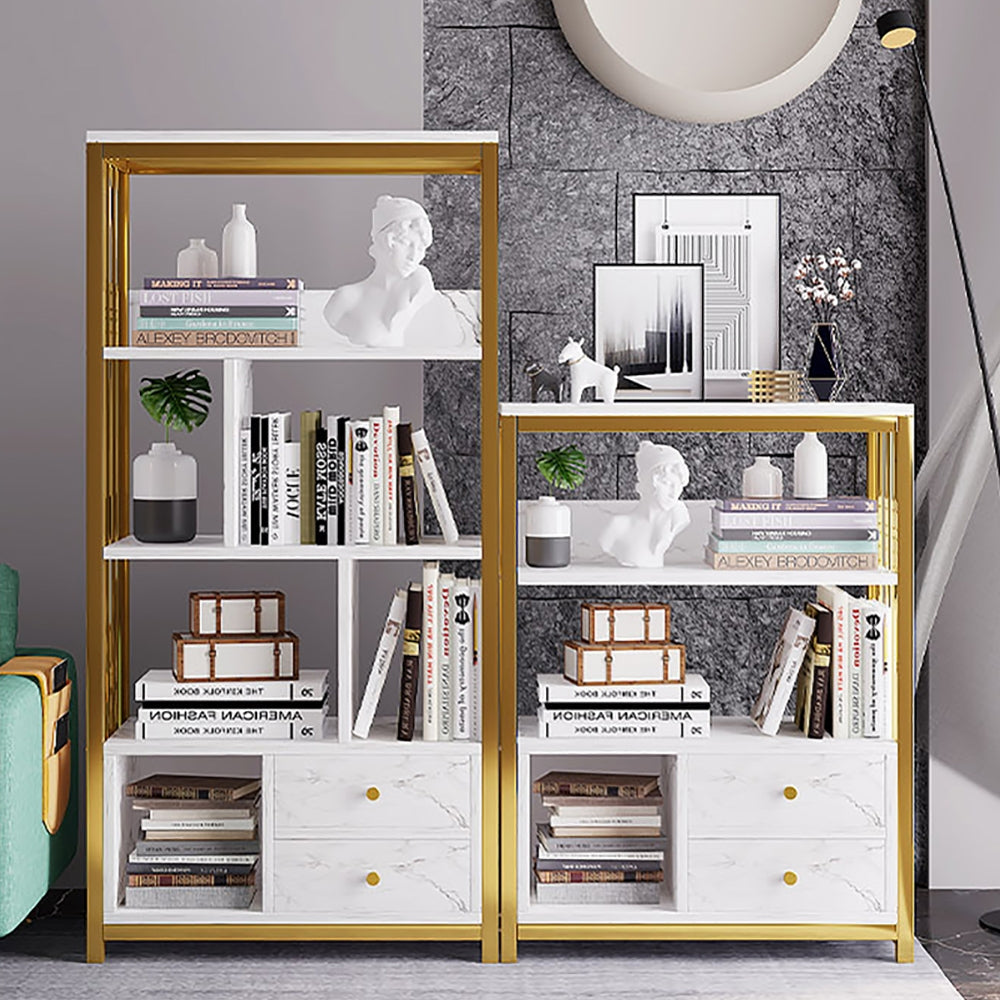 Modern Small Metal Etagere Bookshelf with 2 Drawers in White & Gold