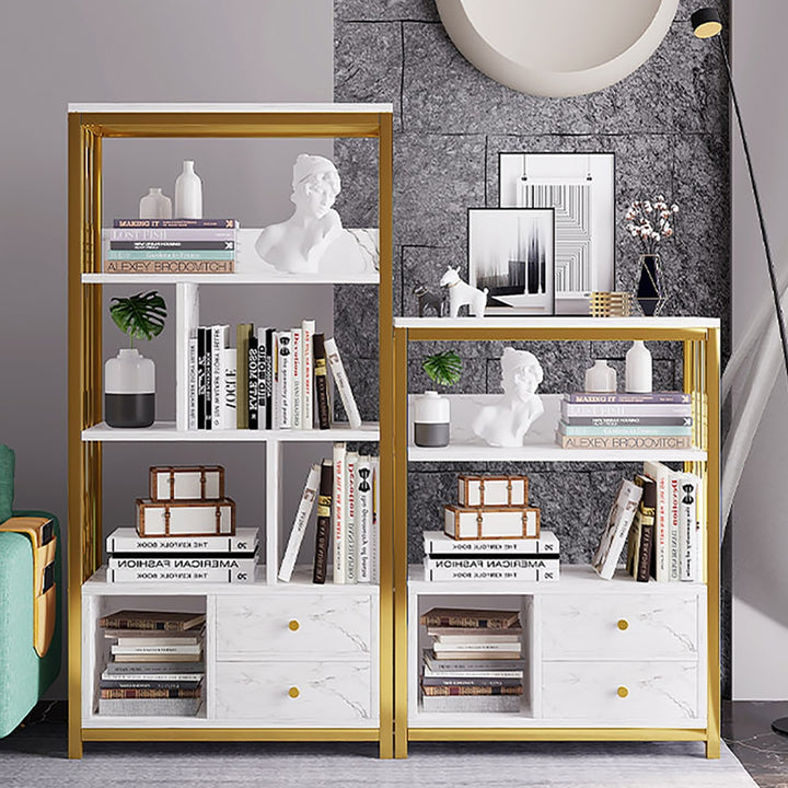 Modern White Bookshelf Wood Book Shelf with 2 Drawers & Ample Open Storage in Gold Metal Frame