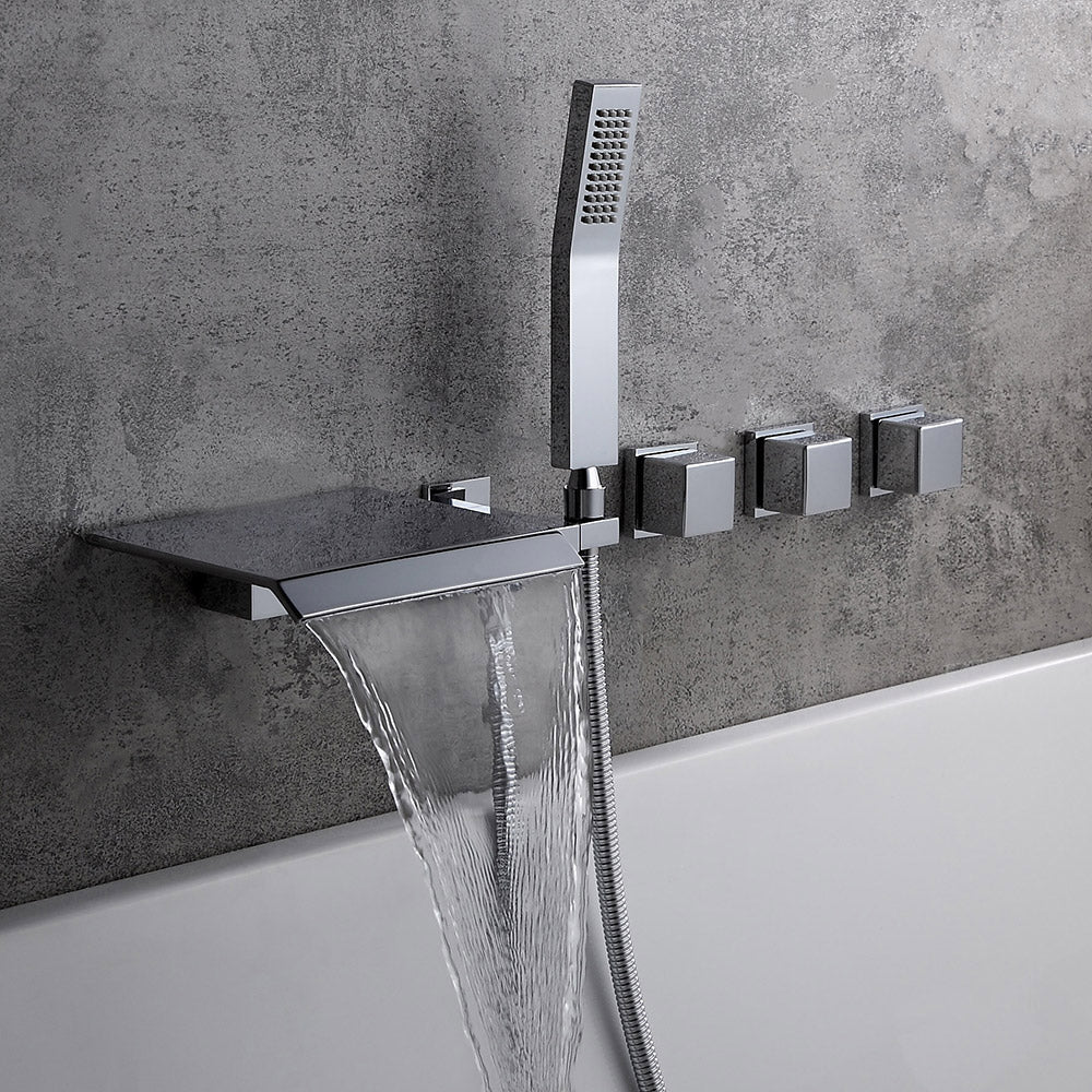 Moda Polished Chrome Wall-Mounted Waterfall Bath Tap with Hand Shower Solid Brass