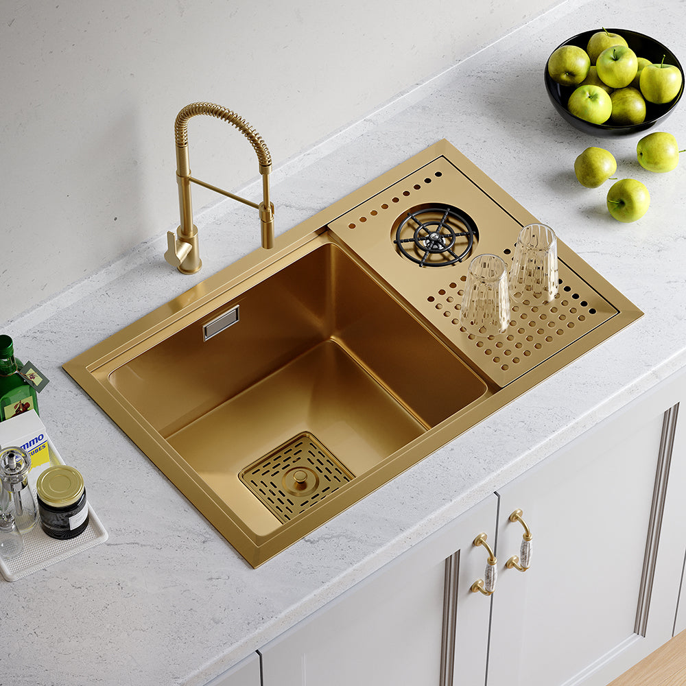 Drop-in Kitchen Sink With High-pressure Cup Rinser Glass Washer Stainless Steel Gold