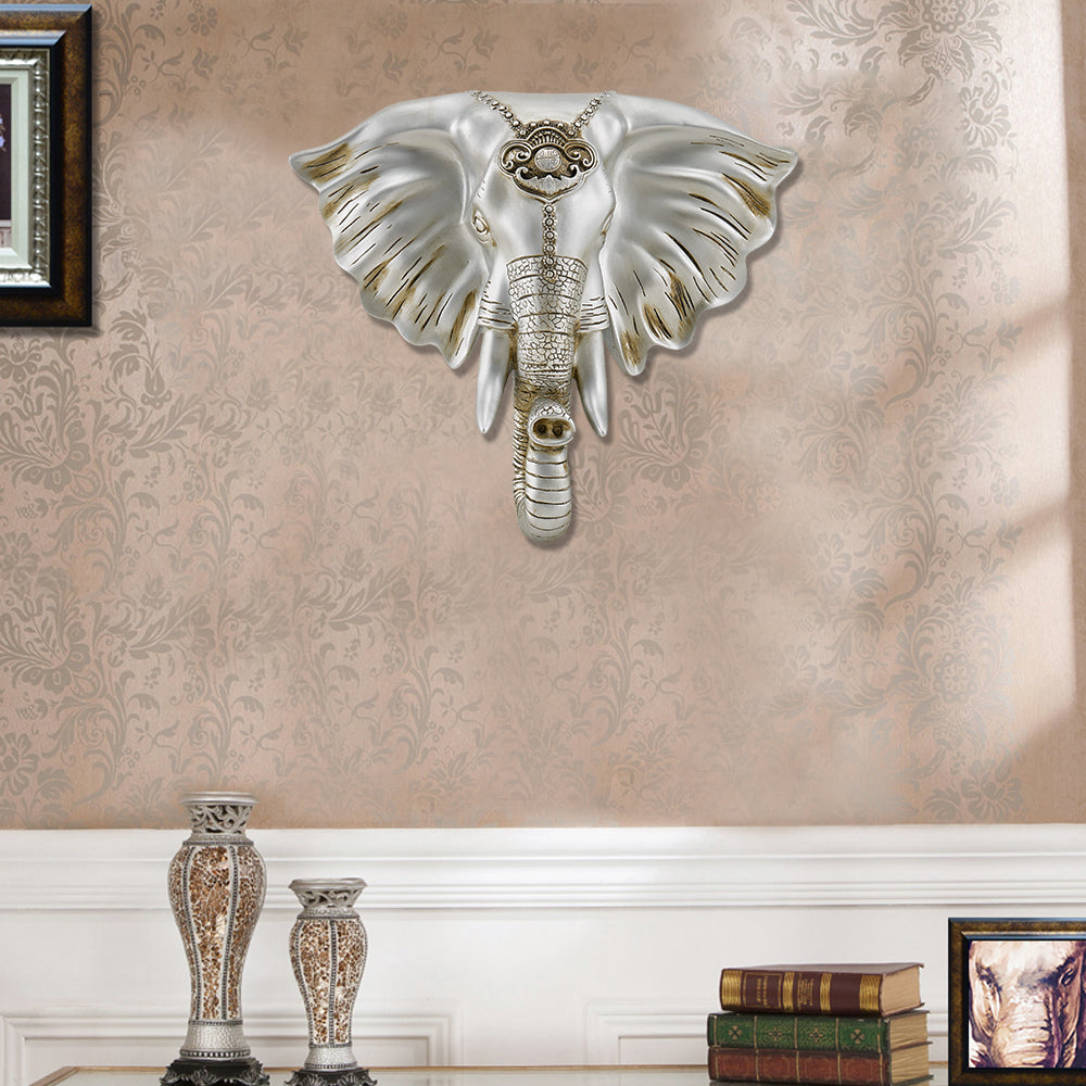 3D Elephant Head Wall Decor Home Artificial Animal Hanging Art Living Room in Silver