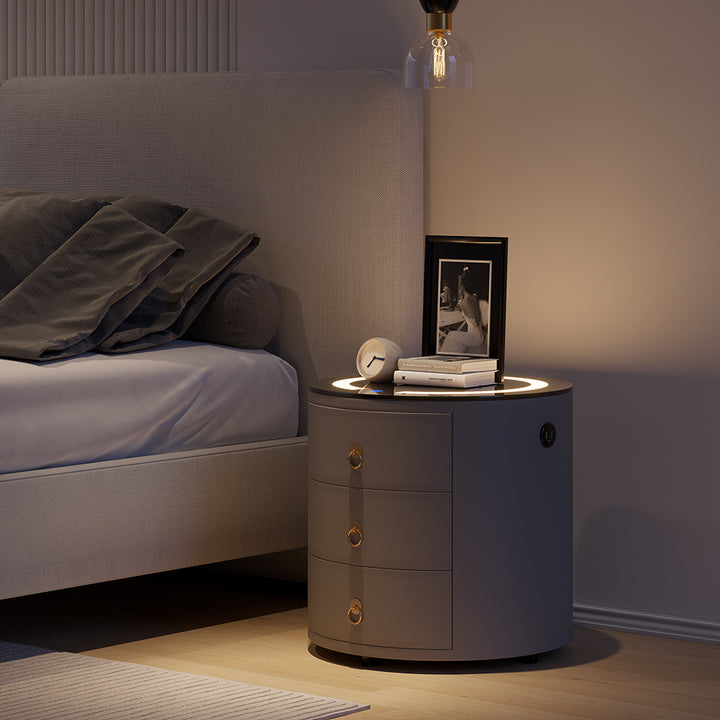 Modern Grey Round Nightstand with Light & Wireless Charging & Speakers & USB Port