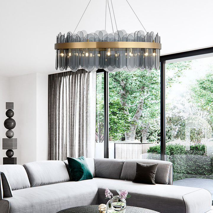 Modern Round 14-Light Tiered Smokey Gray Glass Chandelier