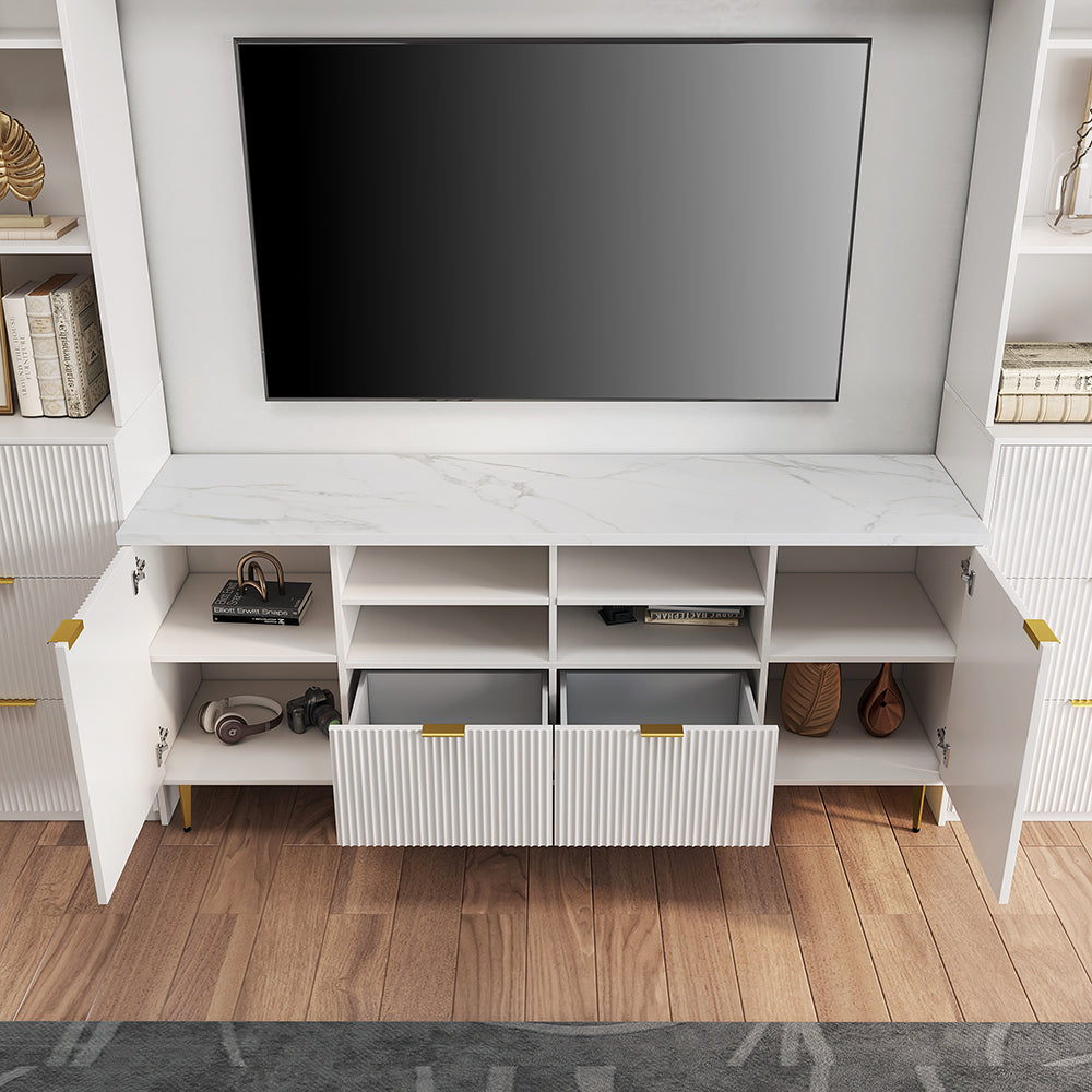 2900mm Fluted Wood Storage 4-Piece Entertainment Center with Bookshelf White TV Stand