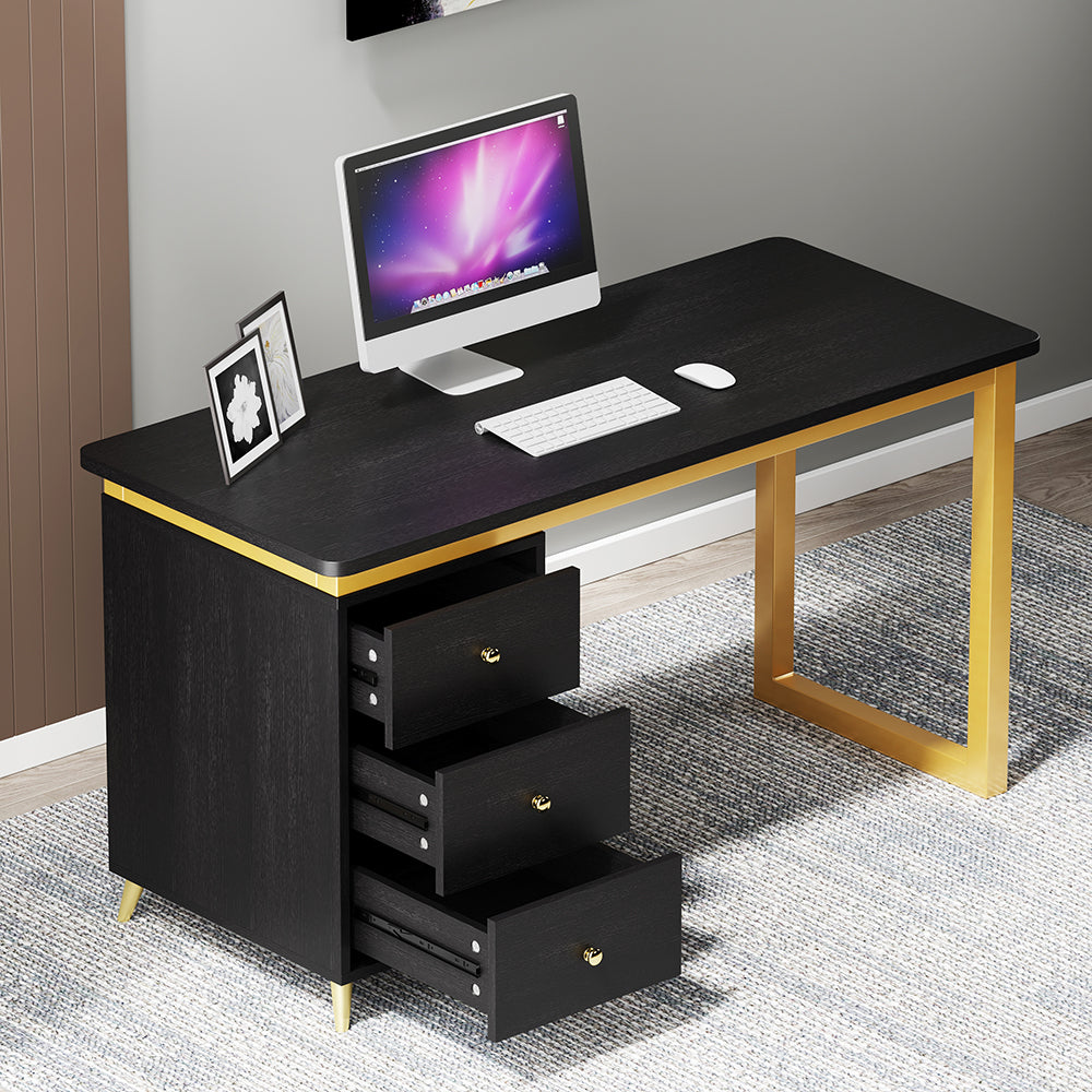 Modern 1400mm Black Wooden Home Office Writing Desk with Drawers in Gold