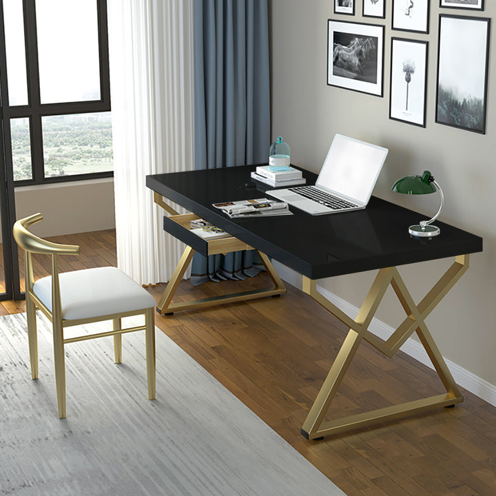 1200mm Modern Rectangular Black Writing Desk with Gold Metal Base Wooden Home Office Desk with Drawer