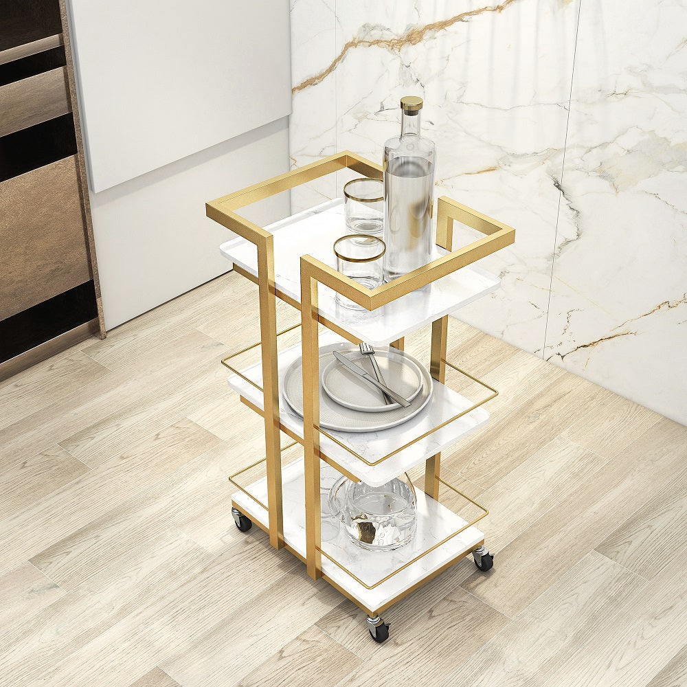 3-Tier Rectangular Rolling Bar Cart with Wheels Gold White Marble Shelves