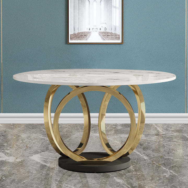 59.1" Contemporary Round Dining Table with Faux Marble Top in White & Gold