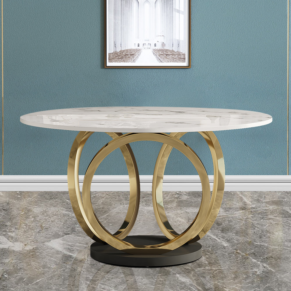 53.1" Contemporary Round Dining Table with Faux Marble Top in White & Gold