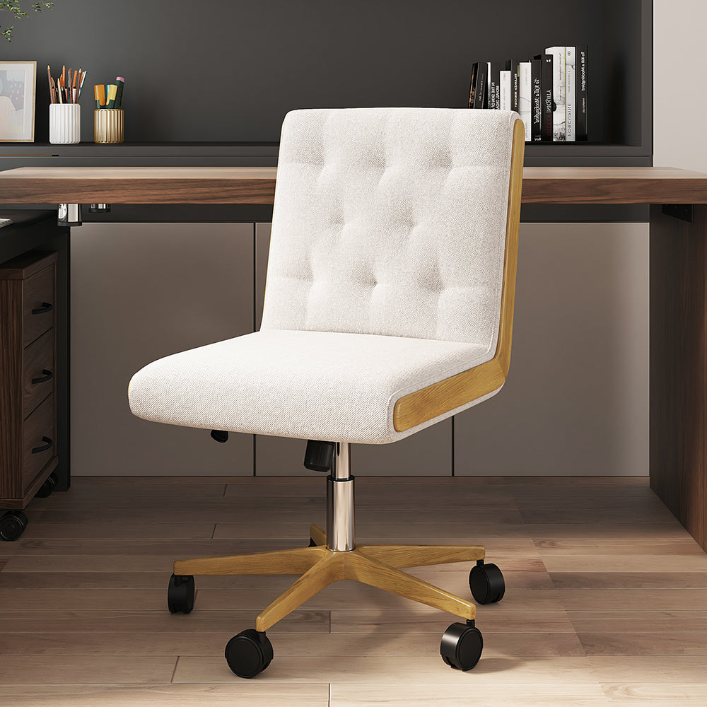 Modern White Swivel Office Chair Adjustable Height Ergonomic Linen Armless Desk Chair