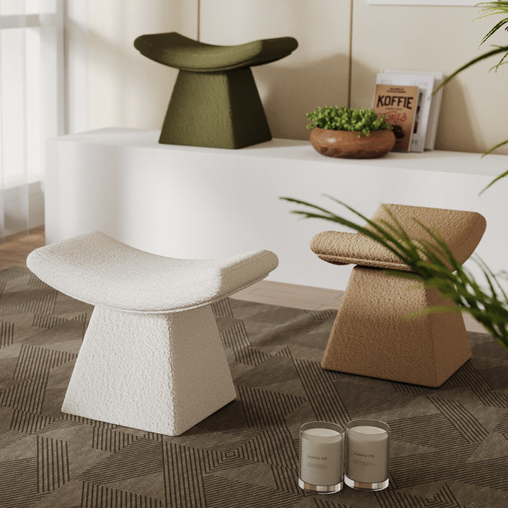 Homary Modern White Boucle Stool Upholstered Ottoman Unique Design Footstool for Living Room