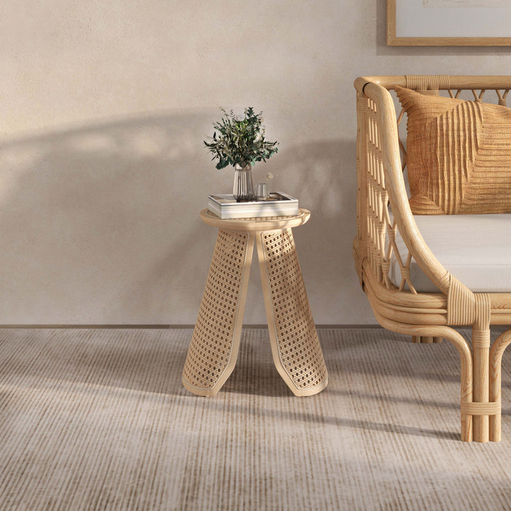 330mm Round Rattan & Ash Wood Side Table Indoor Natural End Table