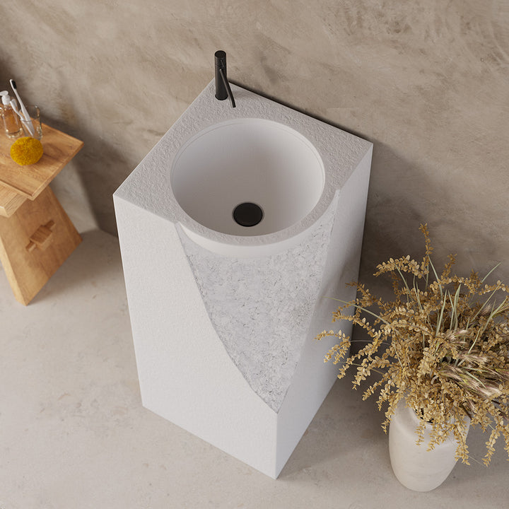 870mm Japandi Tall Stone Resin Pedestal Basin with Rounded Basin Freestanding in White