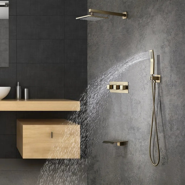 Moda Wall-Mounted 250mm Shower Set in Brushed Gold Rainfall 3 Function Solid Brass