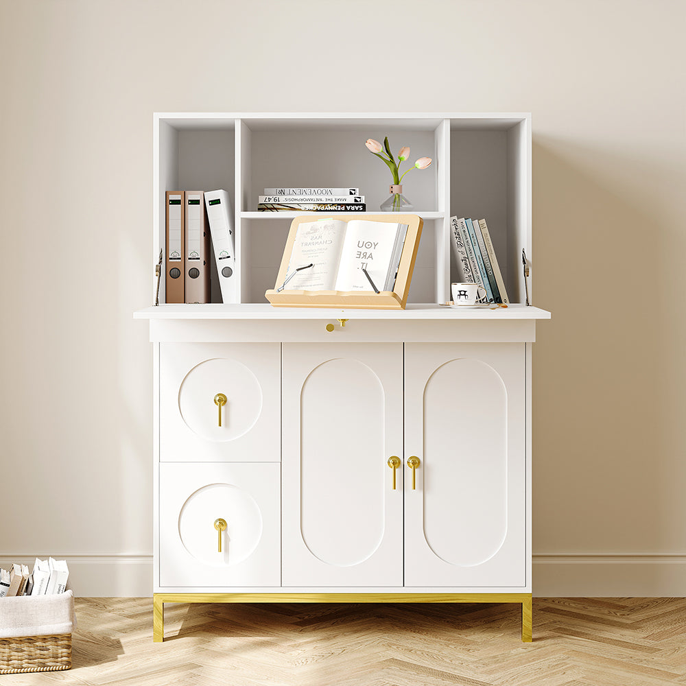 1000mm Modern White & Gold Secretary Desk with 3 Drawers and 3 Doors Flip Design