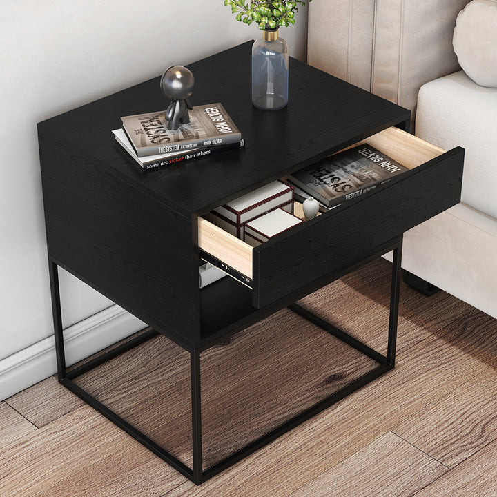 Black Modern BedsideTable with Drawer and Black Metal Base