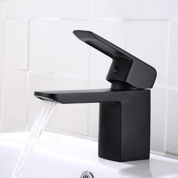 Stylish Minimalist Monobloc Lever Handle Waterfall Bathroom Basin Tap in Matte Black