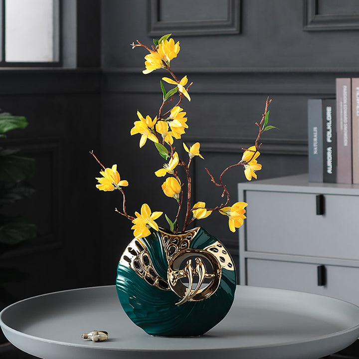 2PCS Modern Yellow Artificial Flower Arrangement in Green Ceramic Magpie Vase Home Decor