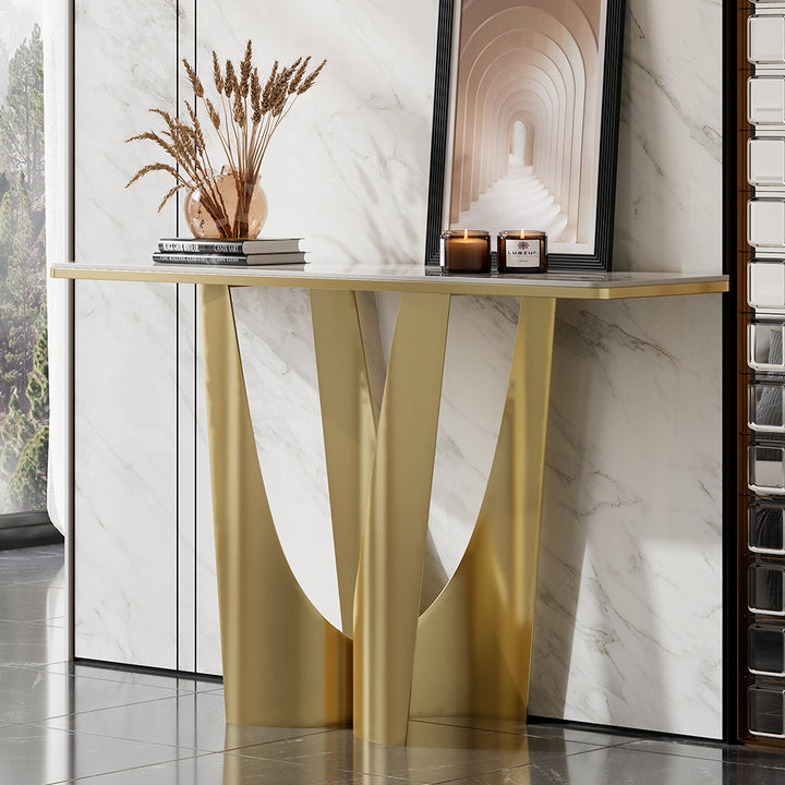 1200mm Art Deco White & Gold Console Table with Sintered Stone Top & Stainless Steel Base