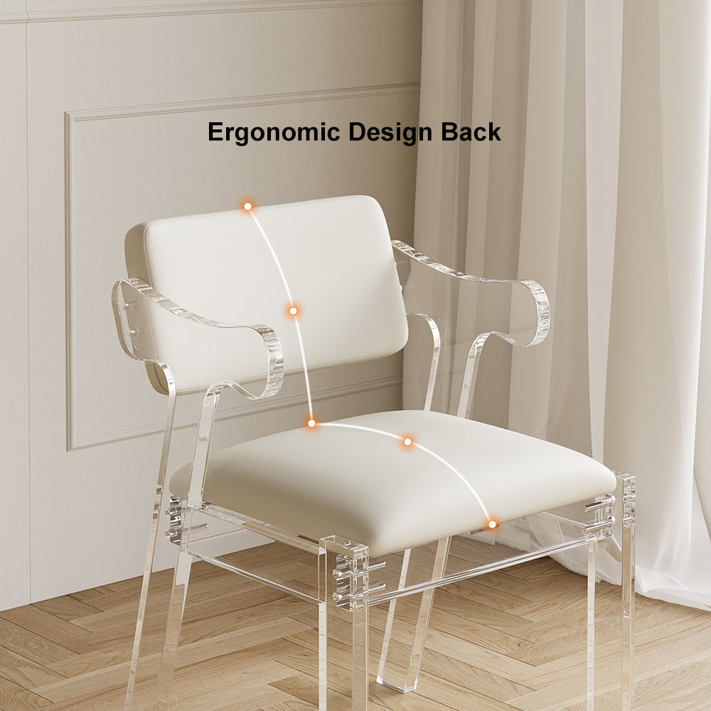 Modern Acrylic White Dining chair with Arms Upholstered PU Leather Dining Room Chair