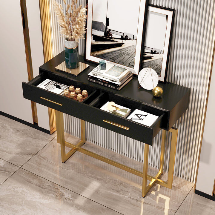 1000mm Modern Narrow Black Console Table with Storage Drawers and Metal Legs in Gold