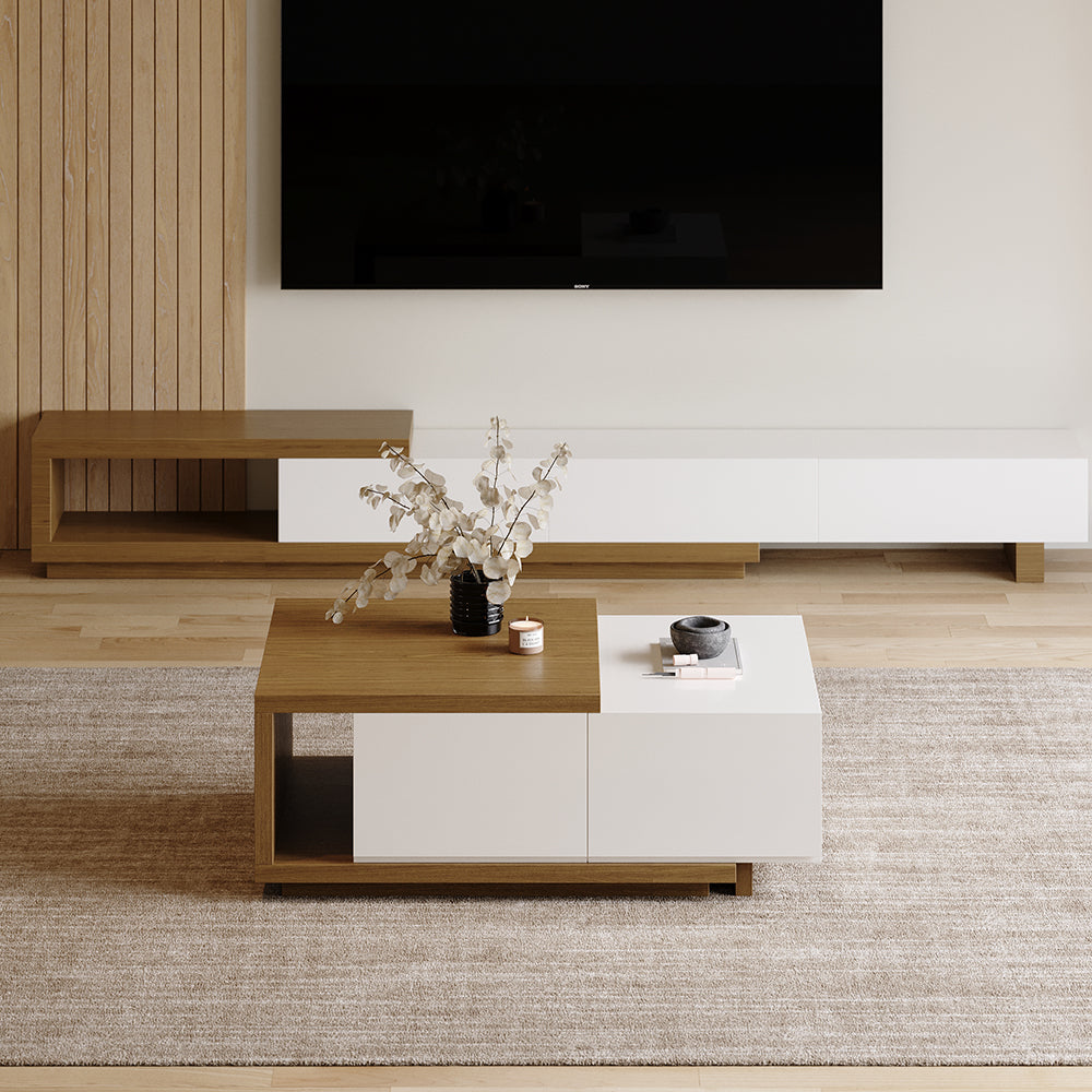 Quoint 1750mm Modern White & Walnut Coffee Table Retracted & Extendable with 2-Drawer