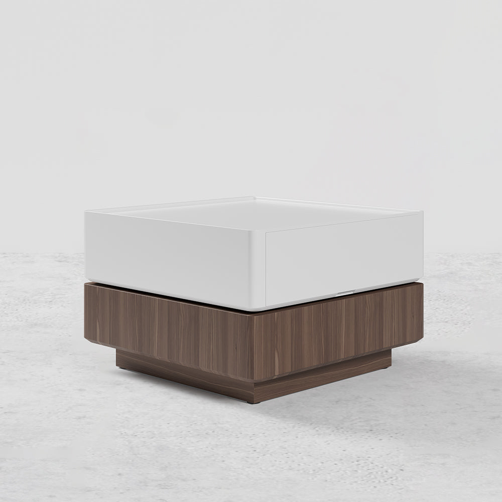 Japandi Square Swivel Rotating Coffee Table with 2 Drawers in White & Walnut