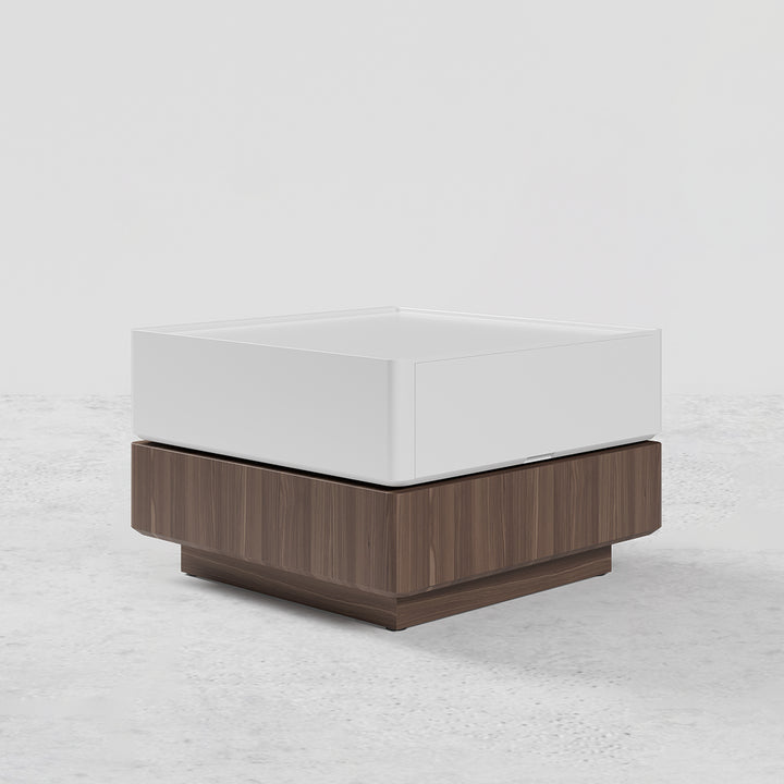 Japandi Square Swivel Rotating Coffee Table with 2 Drawers in White & Walnut