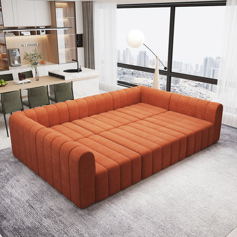 118.9" Velvet Convertible Modular Sectional Sofa Orange Upholstered 6-Seater Sofa Set