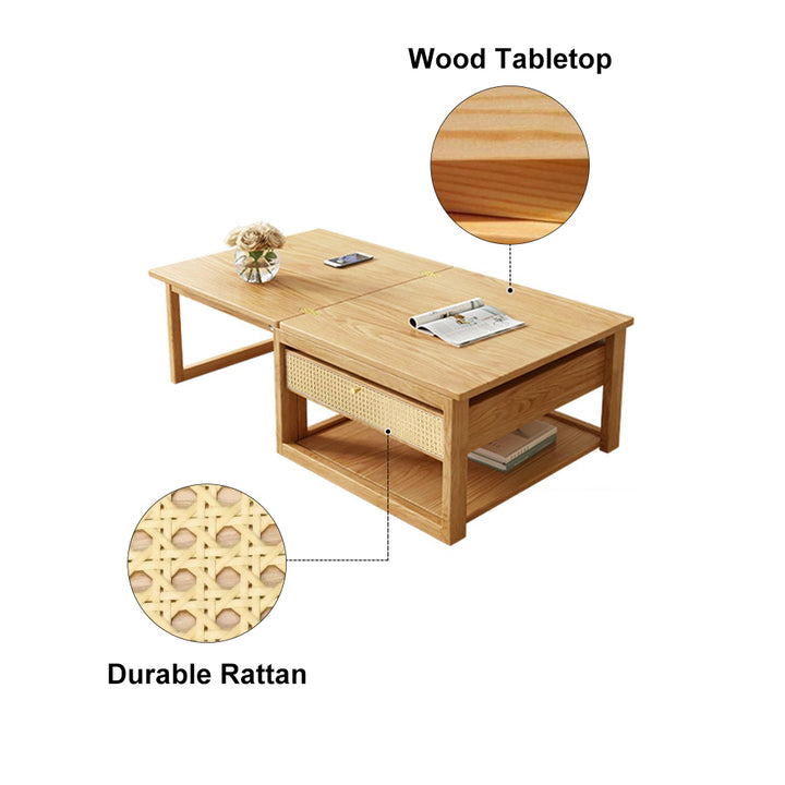 Japandi Wooden Folding Coffee Table Set Dining Table Rattan Nesting Accent Table