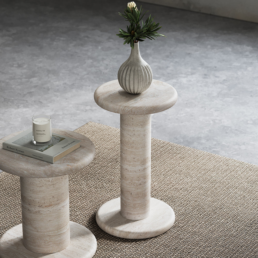 Beige Round Travertine Side Table 320mm Modern End Table