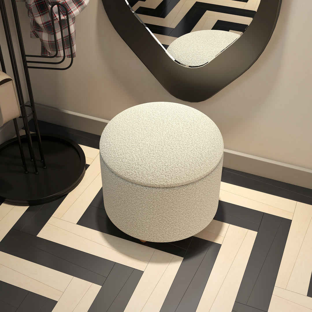 Modern White Boucle Vanity Stool with Lifted Top Storage Round Ottoman with Walnut Legs