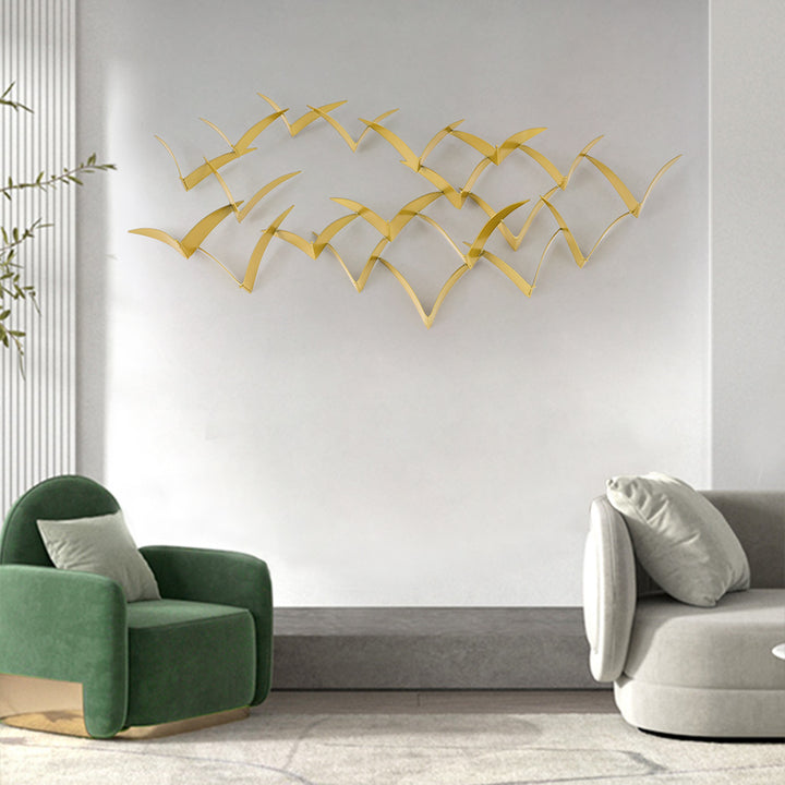 940mm Coastal Gold Metal 3D Bird Foiled Flying Flock Wall Sculpture Art Deco Living Room