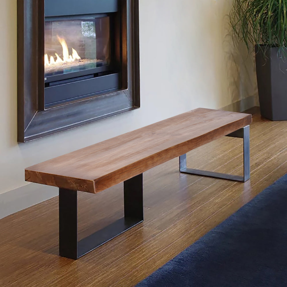 Rustic Natural Wood Bench Hallway Bench with Metal Legs