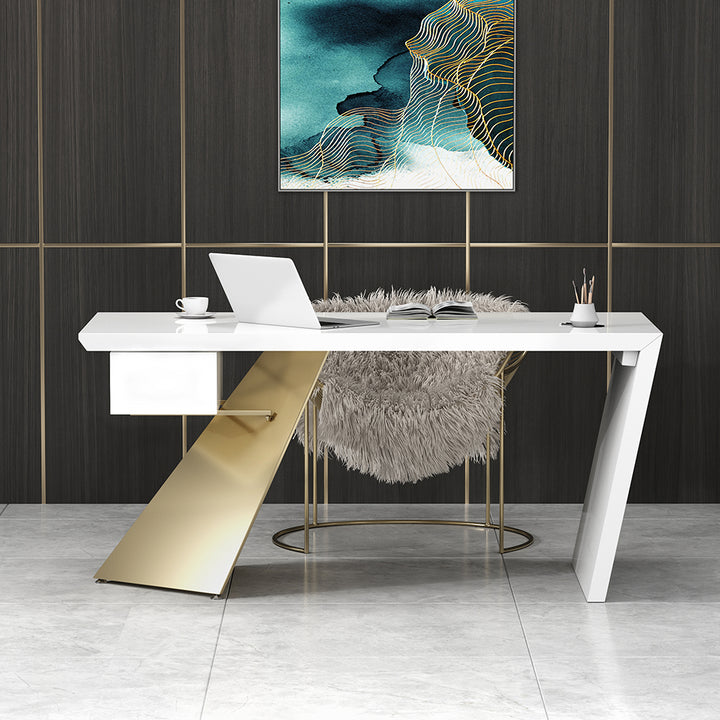 Cabstract Modern White & Gold Office Desk Writing Desk with Drawer Computer Desk (1600mm)