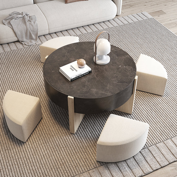 Round Nesting Coffee Table with 4 Stool & 2 Drawers in Distressed Grey