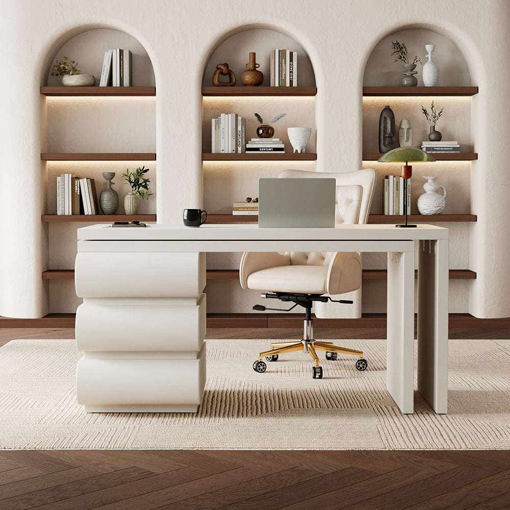 Humply Modern Minimalist Style L Shaped Desk & Leather Office Chair Set Height