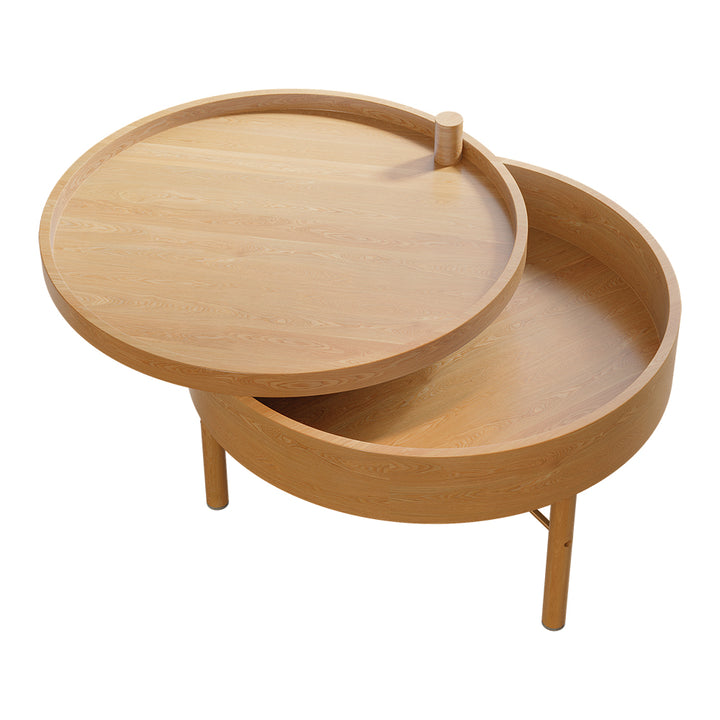 Modern Round Wood Rotating Tray Coffee Table with Storage & Metal Legs in Natural