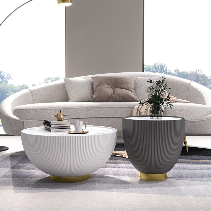 Round Sintered Stone Top Drum Coffee Table with Beige PU Leather Around and Stainless Steel Base