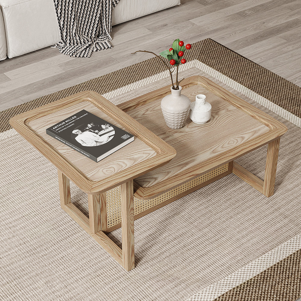 Modern 2 Piece Nesting Rattan Wood Coffee Table Set in Natural