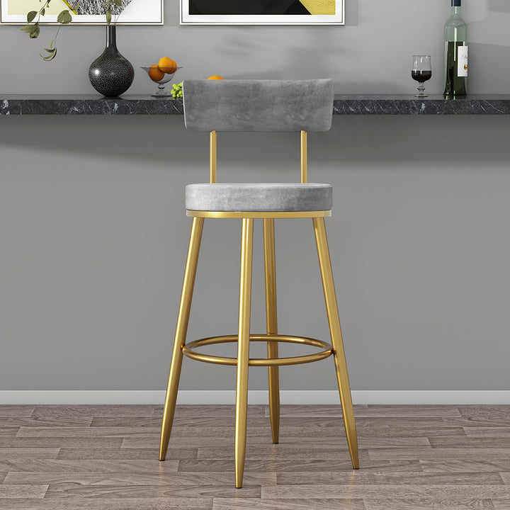 Modern Gray Velvet Breakfast Bar Stool Velvet Upholstery with Back Metal Bar Stool for Kitchen Island