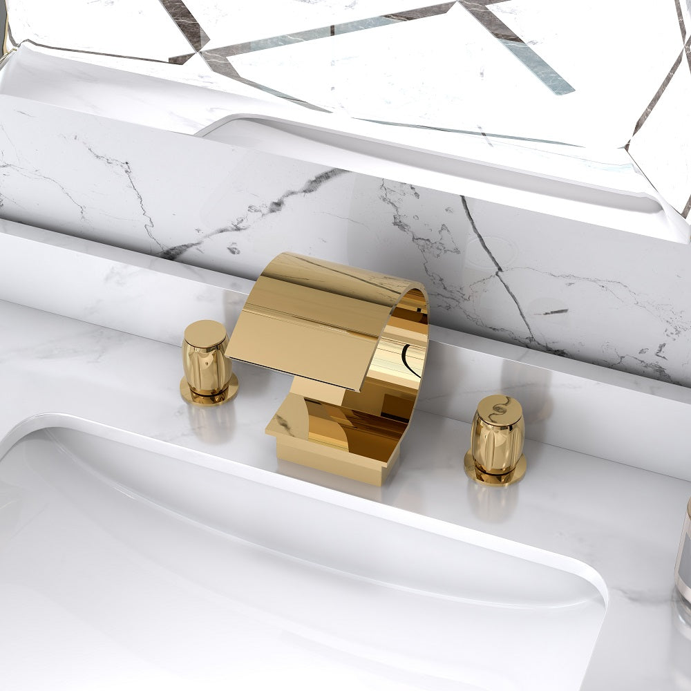 Mooni Modern Waterfall 3-Hole 2-Handle Bathroom Basin Tap in Gold Solid Brass