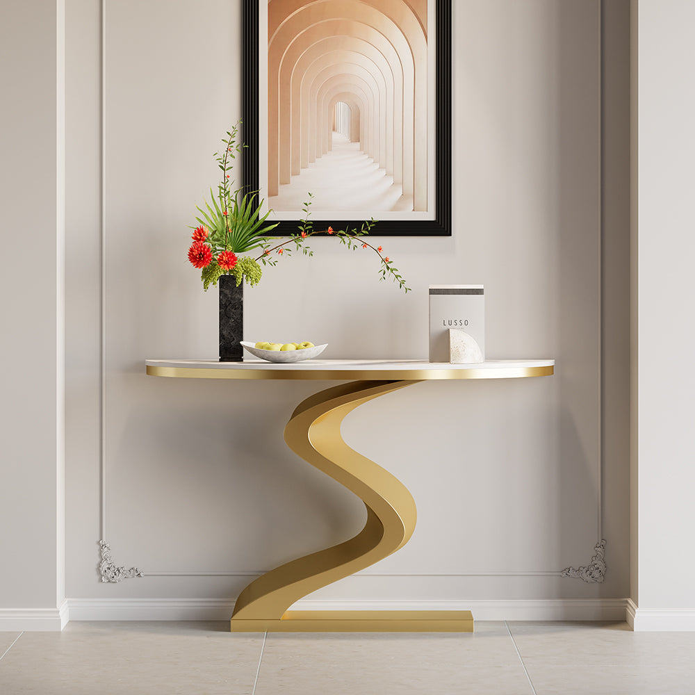 Curved Console Table with Sintered Stone Top Half Moon Shape Entryway Furniture in White & Gold (1000mm Wide)